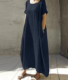 economico -Per donna Abito maxi Abiti ispirati al lino Vestito Casual Essenziale Casual Vacanza Quotidiano Vestibilità regolare Semplice Manica Corta Collo a U Blu Cammello Verde Estate