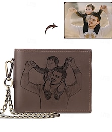 お買い得  -パーソナライズされたフォト彫刻レザー財布 カスタム 父への最高のギフト、チェーン付きビフォールド財布 男性用、夫、息子、父の日、誕生日、クリスマス