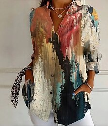abordables -Femme Chemise Graphic Géométrique Rétro Vintage du quotidien mode manche longue Col de Chemise Hauts réguliers Vacances du quotidien Sortie Patchwork Boutons Imprimer Kaki Toutes les Saisons