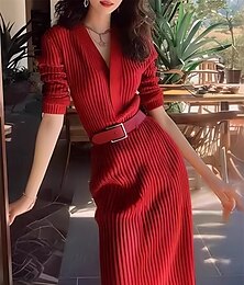 ieftine -rochie pulover de îndrăgostiți pentru femei rochie maxi simplă cu mânecă lungă cu decolteu în V cu centură obișnuită potrivire vacanță zilnic negru alb roșu primăvară toamnă iarnă