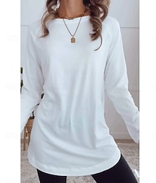 abordables -Mujer Camiseta Color sólido Diario Casual Manga Larga Cuello Barco Tops regulares Trabajo Diario Retazos Negro Blanco Azul Piscina Primavera & Otoño