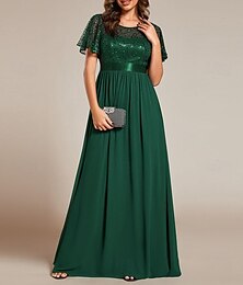 economico -Abiti da invitata per matrimoni abiti A-Line con paillettes collo a barca volant maniche corte lunghezza del pavimento abiti da sposa in chiffon