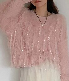 abordables -pull rose de Saint-Valentin pour femme décontracté doux couleur pure côtelé col rond gland tricoté manches longues hauts courts tricot extérieur quotidien week-end blanc rose automne hiver