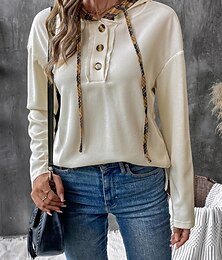 baratos -Mulheres Camisa Social Blusa Xadrez à moda Casual Manga Longa Com Capuz Tops regulares Diário Botões Imprimir Bege Verão Primavera Outono