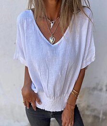 levne -Dámské Košile Halenka Bavlněné lněné košile Pevná barva Základní Na běžné nošení Krátký rukáv Do V Běžné topy Denní Nabírané šaty Bílá Hnědá Béžová Léto Jaro