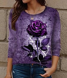 abordables -Camiseta de rosa para mujeres en San Valentín moda linda floral ropa regular manga larga cuello redondo estampado ajuste regular diaria fin de semana negro azul púrpura naranja rosa pink otoño