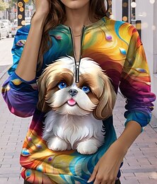 baratos -Suéter Feminino com Zíper de 1/4 Gráfico Casual para Cão Manga Longa Decote Redondo Tops Regulares Street Wear Diário Impressão Azul Outono Inverno