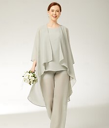 billiga -Jumpsuits 3 Delar Brudens Mor Strandbröllop Elegant Wrap Inkluderad Båthals Golvlång Chiffong Ärm med Fast Färg 2025
