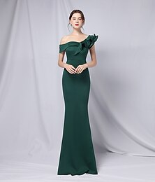 abordables -Robe de soirée sirène  trompette robe élégante formelle mariage longueur de sol manches 3/4 une épaule crêpe extensible avec volants 2025