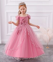 billiga -Brudnäbbsklänning Barn Flickor Prinsessaklänning Prestanda Bröllop Fest Elegant Skön Nät Ensfärgat Ärmlös Rund hals Champagne Rodnande Rosa 4 år +