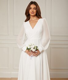 preiswerte -Brautkleider für die Strandhochzeit, A-Linie, V-Ausschnitt, lange Ärmel, knöchellang, Chiffon-Brautkleider in Volltonfarbe 2025