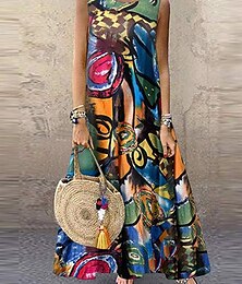 abordables -Femme Normal Robe Maxi Robe en coton et lin robe boheme Elégant Rétro Vintage Plage Standard Graphic Sans Manches Col Ras du Cou Rouge Vert Eté
