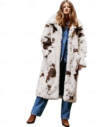 abordables -Mujer Abrigo de piel sintética Mantiene abrigado Cómodo Tejido en Punto Elegante Moda Diario Dulce Impresión de vaca Casual Ropa Cotidiana Noche Casual Diario Botonadura Simple Largo Diseño Holgado