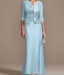abordables -Robe étroite mère de la mariée invitée de mariage élégante col arrondi longueur sol manches 3/4 courte veste robes avec dentelle robe journée de la course taille sur mesure gratuite