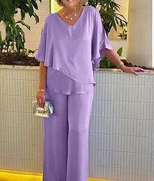 economico -Per donna Di tendenza Streetwear Giornaliero Blusa Pantaloni a gamba larga Manica a 3/4 A V Liscio Con balze Informale Giornaliero Rosa Viola Cachi Primavera & Autunno Standard