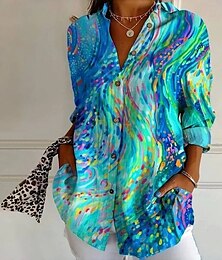 abordables -Camisas hawaianas para mujeres tops fluidos vintage gráficos geométricos tops largos de manga larga con cuello parches botones impresión entallada vacaciones trabajo diario azul claro ropa de verano