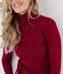 billiga -Dam Tröja Ledigt Mjukt Ren färg Ribbad Polokrage Stickat Långärmad Vanliga toppar Sticka Utomhus Dagligen Helgen Svart Vit Höst Vinter