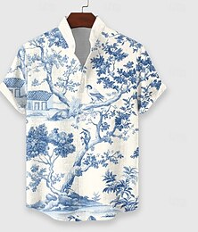 economico -Per uomo Botanico floreale Camicia hawaiana Camicia Aloha Manica corta Hawaiano Stile da spiaggia Da mare Estate Primavera Colletto alla coreana Bottoni Blu