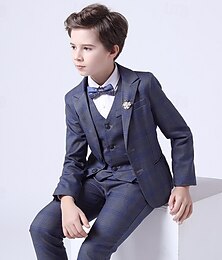 halpa -4 osainen Sormuspojan puku Poikien Lapset Puku Muodollinen puku Blazer & liivi & housut & solmio Juhlapukusetti Muodollinen Juhla Muoti Tyylikäs Skottiruutukuvio Tasku Sininen Puuvilla