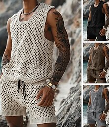 economico -Per uomo Completi T-shirt Set tuta estiva 2 pezzi Abito casual senza maniche Girocollo Estate Maglieria Bohemien Vacanza Lavorato a maglia Vacanza Nero Marrone Beige Maglietta Top per Uomo