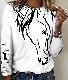 abordables -Mujer Camiseta Animal Casual Manga Larga Cuello Barco Tops regulares Diario Estampado Blanco Primavera Otoño