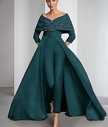 levne -Jumpsuit  Kalhotový oblek Matky nevěsty Elegantní Vintage Off Shoulder Dlouhá délka Stretch látka 3/4 délky rukáv s flitrovými aplikacemi