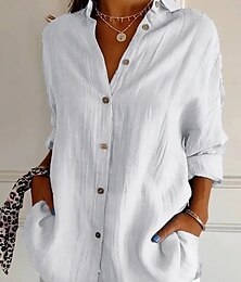 economico -Per donna Camicia Camicie ispirate al lino Abbottonare Blusa Tinta unica Essenziale Casual Manica Lunga Colletto a Camicia Top Regolari Quotidiano Bottoni Bianco Rosa Blu Primavera Autunno