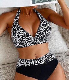 olcso -Női fürdőruha Bikini 2 Részes Dögönyös Fürdőruha Hátul Nyitott Kötős Nyaralás Strandruha Leopárd Nyakba Akasztható Ujjatlan Fürdőruhák