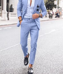 abordables -Trajes de boda de verano de lino para hombre azul cielo y azul oscuro moda casual color sólido corte ajustado 2 piezas de una sola botonadura un botón