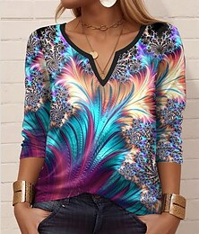 baratos -Mulheres Camiseta Gráfico Casual Manga Longa Pescoço Entalhado Tops regulares Diário Imprimir Azul Primavera Outono