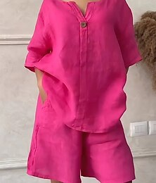 economico -Per donna Moda Streetwear Camicia Set ispirati al lino Set da due pezzi Pantaloncini larghi Manica Corta Girocollo Tinta unica Patchwork Formale Feste Lavoro Rosso Blu Reale Cachi Primavera