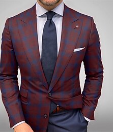 economico -Giacca Blazer da uomo Giacca Sportiva Casual Esterno A Quadri Rosso Blu Slim Fit Singolo Petto Due Bottoni