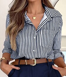 economico -Per donna Camicia Blusa A strisce Informale Manica lunga Colletto Top regolari Giornaliero Bottoni Stampa Rosa Blu marino Estate Primavera