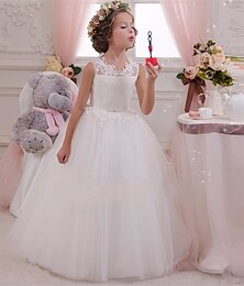 voordelige -Bloemenmeisjesjurk kinderen Voor meisjes Prinses jurk Prestatie Bruiloft Feest Elegant Mooi Netstof Effen Kleur Mouwloos Strakke ronde hals Wit 4 jaar +