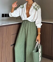 economico -Per donna Moda Streetwear Quotidiano Camicia Set ispirati al lino Set da due pezzi Pantaloni a Gamba Larga Manica Lunga Girocollo Floreale Coulisse Stampato Casuale Quotidiano Verde Primavera