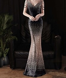 economico -Abiti da Prom Sirena  Tromba in Paillettes Abito Ombre Festa Abito Cocktail Formale Lunghezza fino al Pavimento Senza Maniche Collo a V con Perline e Paillettes