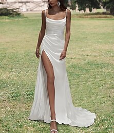 preiswerte -Crepé Hochzeitskleider Strandhochzeit Meerjungfrau Verstellbare Träger Quadrat-Ausschnitt Drapiert Hoher Schlitz Ärmellos Offene Rücken Gericht Bahn Stretch-Stoff Brautanzüge Brautkleider