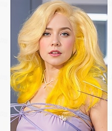 economico -parrucche ispirate a lady gaga parrucca sintetica parrucca asimmetrica ondulata lunga gialla capelli sintetici design alla moda da donna giallo naturale morbido