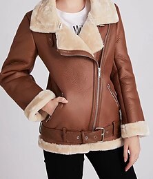preiswerte -Damen Kunstlederjacke Wintermantel Winterjacke Winddicht Warm Patchwork Mode Einfarbig Straße Alltagstauglich Regulär Umlegekragen Normale Passform Langarm Oberbekleidung Schwarz Braun Herbst Winter