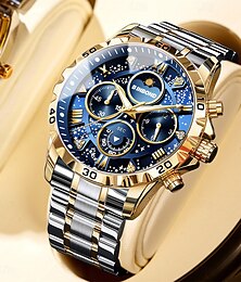 abordables -Reloj BINBOND para Hombre Correa de Acero Reloj de Cuarzo Impermeable Fase Lunar Noche Estrellada
