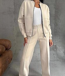 economico -Per donna Giornaliero Bolero Top Pantaloni a gamba larga Manica lunga Tinta unica Cerniera Esterno Ufficio Nero Rosa Beige Primavera & Autunno Standard