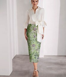 abordables -Vestidos de cóctel ajustados  columna boda en la playa vestido elegante formal Día de San Valentín longitud hasta el tobillo manga larga cuello de camisa cinturón  cinta satén con brillo lazos