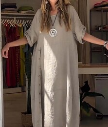 abordables -Femmes Mini Robe Robes inspirées du lin Robe Décontractée Robe unie Robe longue en coton Occasionnel Sport & Loisir Rue Coupe régulière Uni Manche Courte Col ras du cou Vert Abricot Gris Ét