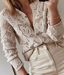 economico -Per donna Blusa Tinta unica Essenziale Informale Manica lunga Girocollo Top regolari Giornaliero Traforato Bottoni Cachi Autunno Inverno