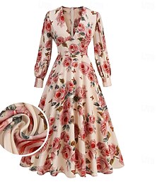 baratos -Retro Vintage Anos 50 Vestido Coquetel Vestidos Vestido Flare Flor Fantasia Mulheres Baile de Máscaras Festa / Eventos Festa de Solteira Festival Adulto Vestido Vestidos de baile