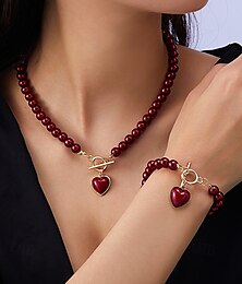 economico -collana e bracciale di perle rosse da donna con ciondolo a cuore, chiusura color oro, gioielli eleganti per regalo di San Valentino, matrimoni e occasioni speciali