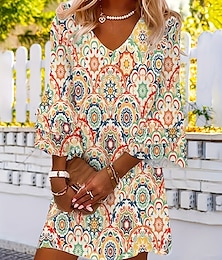 ieftine -Pentru femei Mărime EU / US Rochie Mini Rochie casual Rochie Boho Rochie de primăvară Boemia Stilat Casual Mânecă evazată Vacanță Zilnic Dată Fit regulat Grafic Geometric Lungime Manșon 3/4 În V