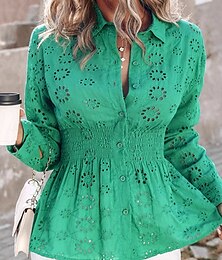 economico -Bluse Eleganti in Pizzo per Donna con Occhielli Blusa Casual Colore Unito Top Regolari a Maniche Lunghe Collo da Camicia Bottoni Fit Regolare Giornaliera Verde Romantica Petits da Indossare in Estate