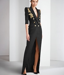 abordables -Robe Blazer A-Line Robe de Soirée Robe Élégante Robe Tuxedo Formelle Mariage Longueur de Sol Manches Mi-Longues Col Chemise Crêpe Extensible avec Fente Broderie Applications 2025