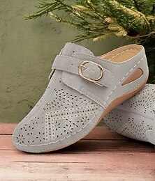 abordables -mules compensées en similicuir gris perforé pour femmes - chaussures confortables pour une tenue décontractée